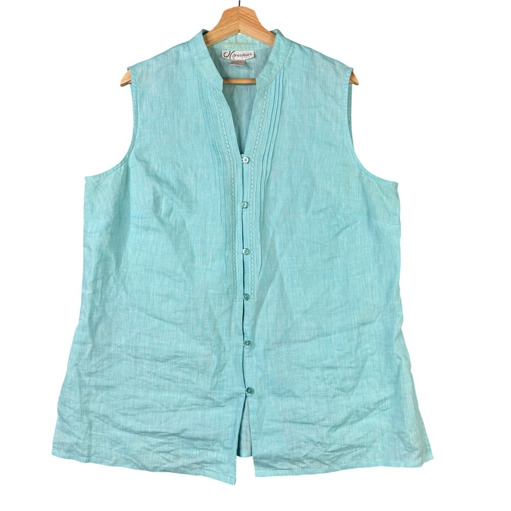 Dressbarn Woman 16W Aqua Blue 100% Linen Sleeveless Pintuck Lace Trim Blouse